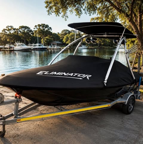 Wake boat on a trailer with a black Eliminator boat cover and wake tower